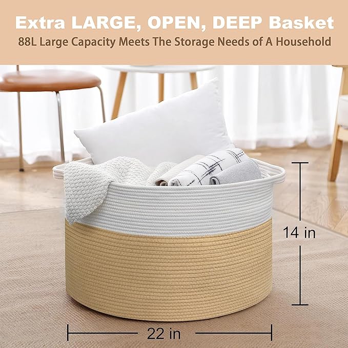 MEGASKET Extra Large Storage Basket, 22” x 22” x 14” Cotton Rope Bins for Storage, Wicker Baby Laundry Basket, Kids, Woven Kids Toy Bin Box, Decorative Baskets for Organizing Clothes, Towels, Blankets