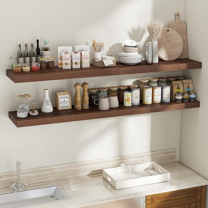 Fun Memories 12 Inch Deep Floating Shelves, 67 Inch Long Extra Large Floating Shelves for Home & Office, Wall Shelves with Invisible Bracket, Walnut, Set of 2