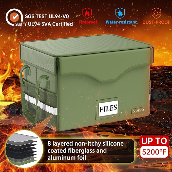 DocSafe 5200°F Fireproof Document Box with Lock,Heat Insulated File Organizer Storage with Pockets,Collapsible Portable Home Office File Safe Box with Handle for Hanging Letter/Legal Folders, Green