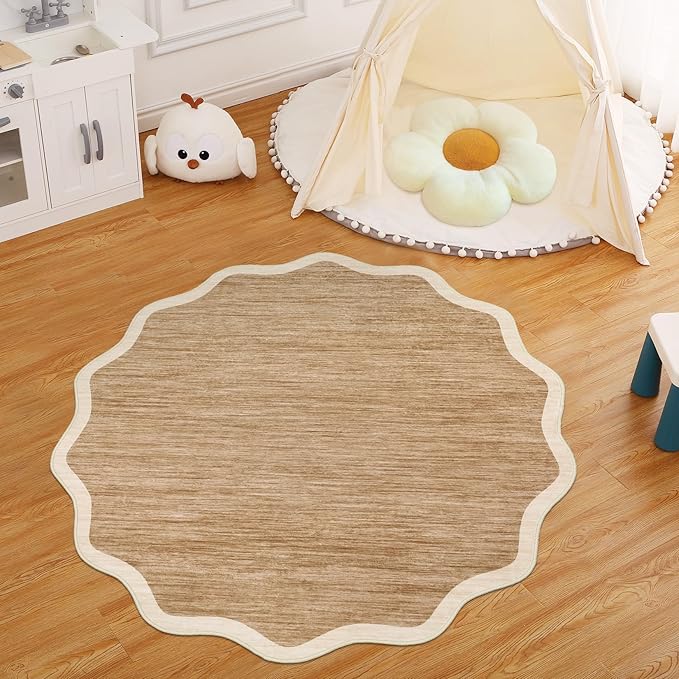 GarveeHome Scalloped Round Washable Rug 5ft, Soft Non Slip Circle Carpets for Bedroom Ultra-Thin, Boho Light Brown Print Distressed Circular Carpet for Living Room Dorm Bedside, Light Brown