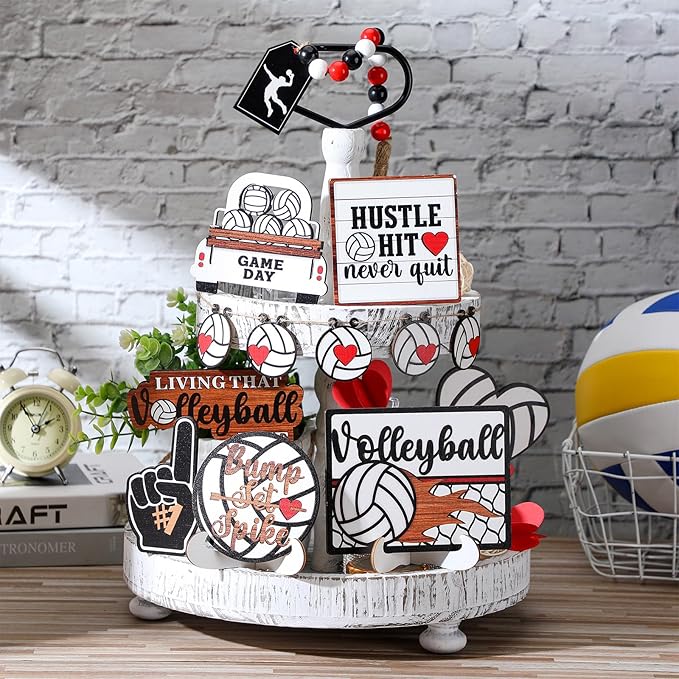 13 Pcs Volleyball Tiered Tray Decor Wooden Volleyball Table Centerpieces Decor Rustic Wooden Sport Game Sign for Fans Theme Party Supplies
