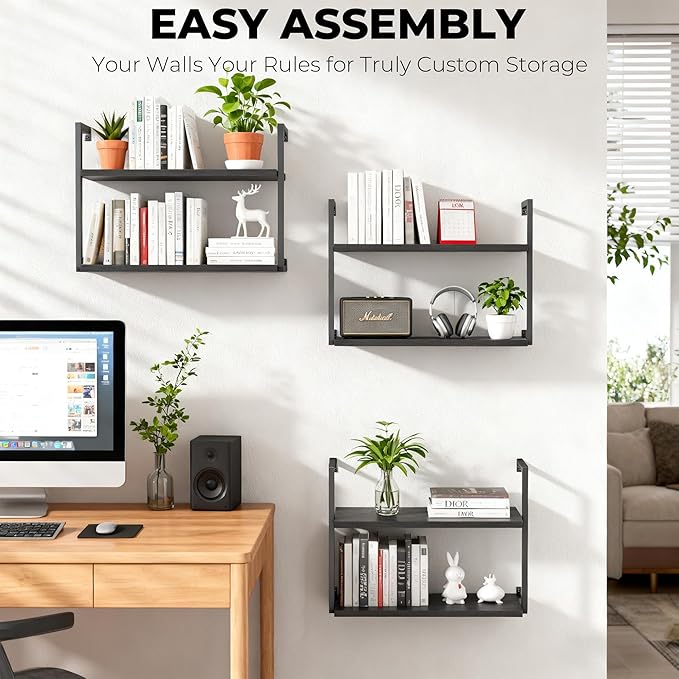 Wall Mounted Bookshelves Set of 3, Floating Shelves for Wall, 6-Tier Wooden Hanging Bookshelf, Easy Installation Book Organizer for Home Office, Living Room, and Bedroom
