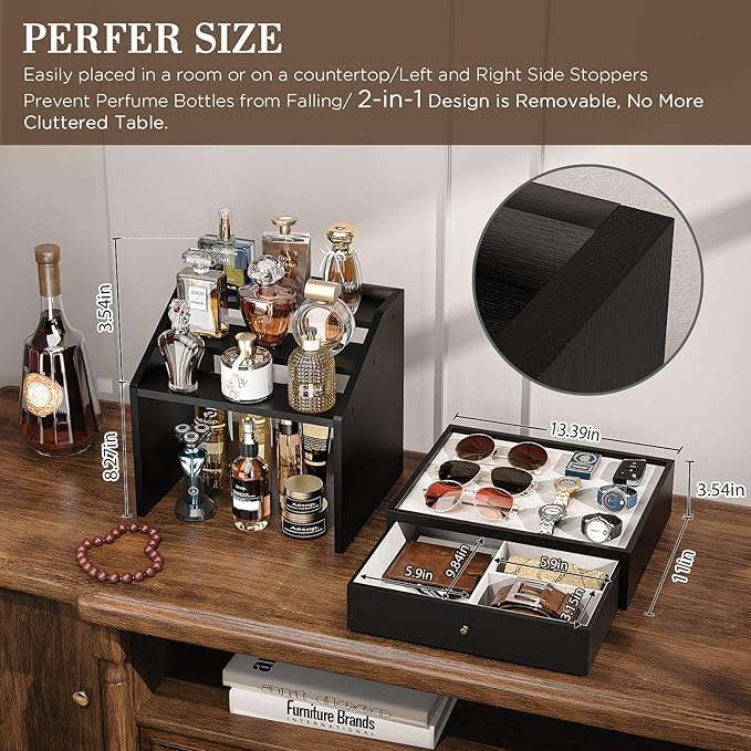 Miratino Cologne Organizer for Men, Large-Capacit Perfume Organizer for Men with 2-in-1 Design, 3-tier Cologne Stand, Wood Perfume Holders, Cologne Storage Display with Spacious Velvet-Lined Drawers