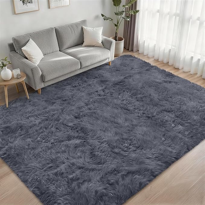 Fluffy 5x7 Area Rugs for Living Room Bedroom: Ultra Soft Shag Rug Non-Slip Non-Shedding Small Plush Bedside Rug Indoor Floor Carpets for Kids Room Playroom Entryway Nursery Dorms Home Decor Grey