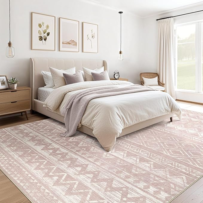 cotiled 10x14 Area Rug Living Room: Washable Boho Rugs with Non Slip Backing Large Soft Indoor Stain Resistant Carpet for Bedroom Farmhouse Dining Room Lightweight Home Decor Lotus Pink