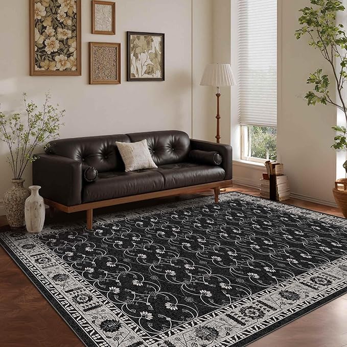 Rugxara Black Rug Area Rugs 5x7, Washable Rugs for Living Room, Vintage Boho Rug for Office, Dining Room, Kids Room and Farmhouse, Durable Low Pile Non-Slip Area Rug for High Traffic Areas(Black 5x7