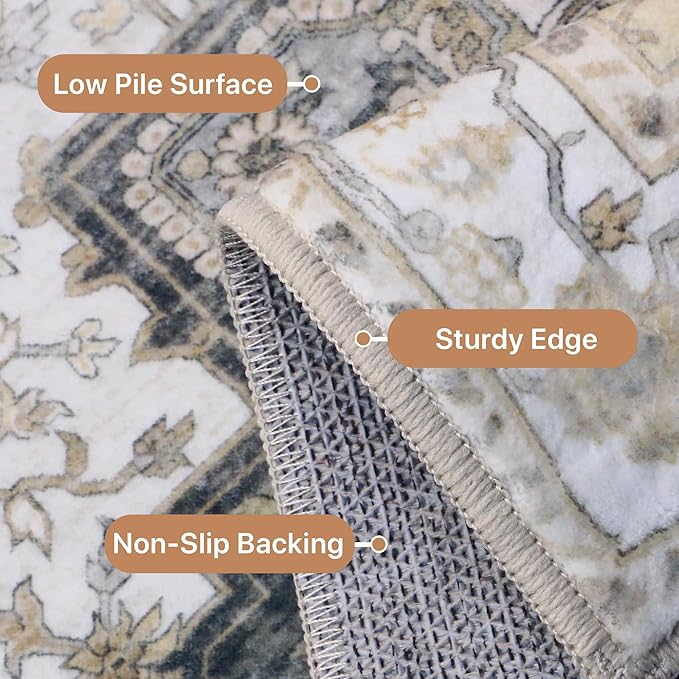 GENIMO 2x8 Runner Rugs for Hallway, Machine Washable Non Slip Vintage Retro Rugs, Low Pile Lightweight Soft Print Rug for enrtyway, Corridor, Home Office, Kitchen, Heathered Grey