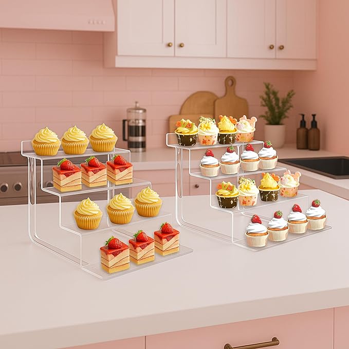 AMT Acrylic Riser Display Stand, 100% Acrylic Clear 4-Tier Organizer for Figures, Cupcake, Perfume, Sunglasses (9 inch x 2.75 inch) 2-pack