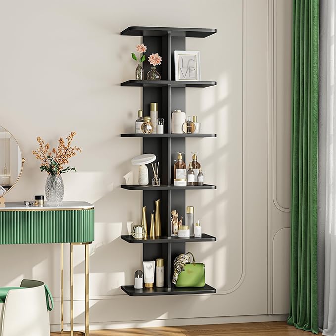 REIBII 6 Tier Floating Shelves, Vertical Column Black Wall Shelves for Home Decor, Floating Shelf for Living Room, Bedroom, Office