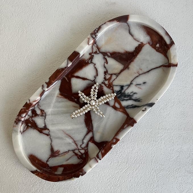 Natural Marble Oval Tray Ornaments Vintage Small Tray Storage Dish for Counter, Vanity, Dresser, Nightstand and Desk (Calacatta Red)