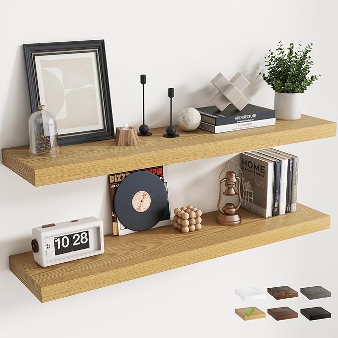 48 Inch Floating Shelves for Wall with Invisible Brackets Set of 2, 9"D Engineered Wood Wall Shelves with Wood Grain for Living Room, Bedroom, Bathroom, Kitchen Decor and Storage, Oak Finish