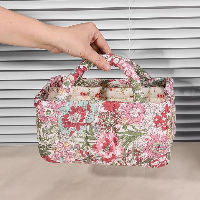 Mini Storage Basket, Small Quilted Boho Fabric Organizer Bin with Handle, Portable Collapsible Basket for Socks, Keys, Diaper
