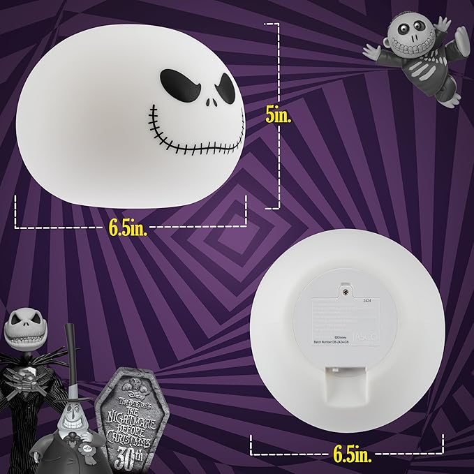 Disney Jack Skellington Squishy Light - Color-Changing Night Light for Kids & Adults, USB/Battery Operated Dimmable Lamp, Halloween & Christmas, Perfect for Bedroom, Playroom, Living Room (82503)
