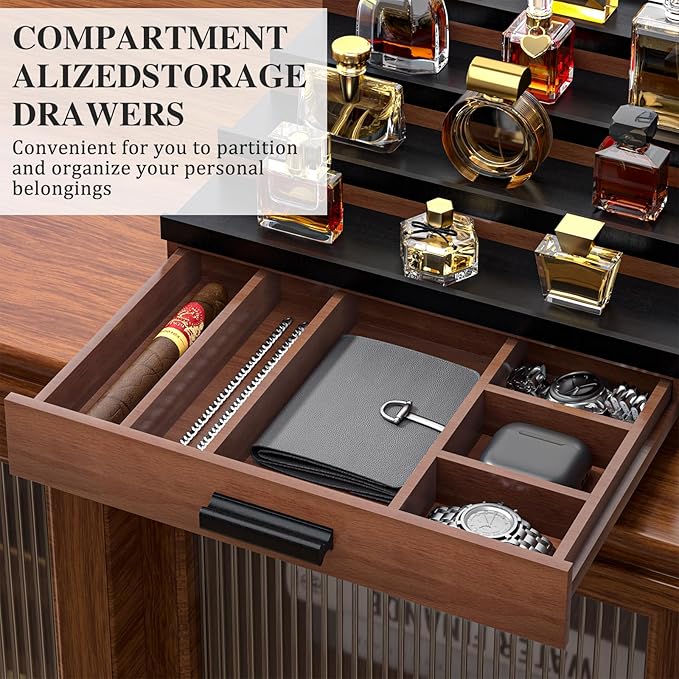 Vdamu Cologne Organizer for Men,4 Tier of Elevated Cologne Display Stand with Drawer Storage,Ladder Cologne Display,Perfume Organizer and Storage Display Risers,Great Gift for Men (Walnut Black)