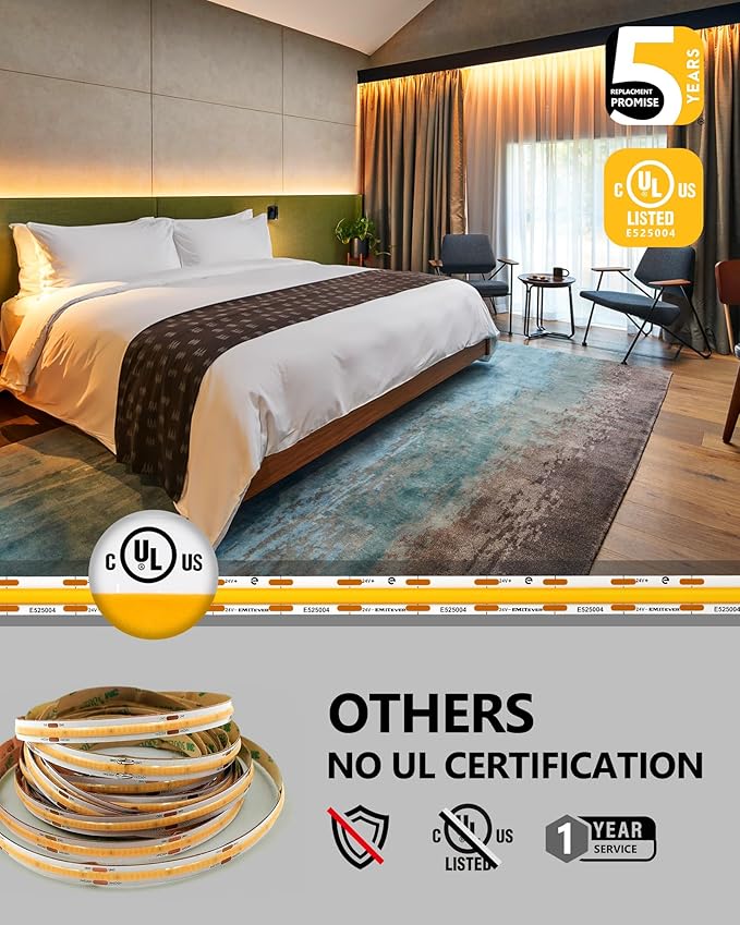 EMITEVER COB LED Strip Lights Warm White, 2700K Tape Light 32.8ft, Premium High Density, DC 24V, 300+Lumens/ft, 4800LEDs/Spool, Ra 90, 3W/ft, UL Listed 5 Year Warranty (Power Supply Sold Separately)