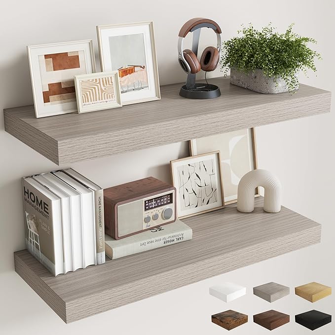 Fun Memories 36 Inch Grey Floating Shelves for Wall, 12 Inch Deep Shelves for Bathroom|Kitchen|Bedroom, Wall Mounted Rustic Wood Floating Shelf with Invisible Brackets for Books|Storage|Decor, 2 Pack