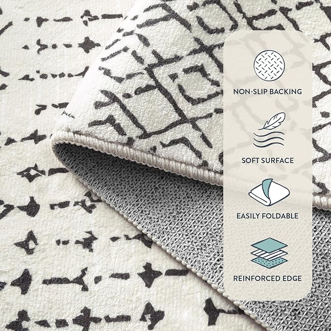 Lahome Moroccan Runners for Hallways 2x8 Beige Washable Runner Rug Non-Slip Stain Resistant Kitchen Rug Runner, Geometric Print Distressed Soft Untra- Thin Floor Carpet for Bedroom Entryway Hana
