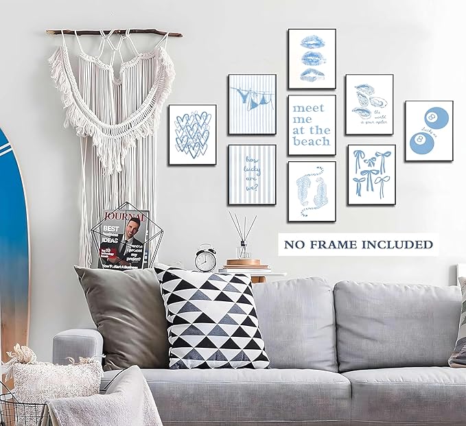9Pcs Coastal Granddaughter Wall Art Posters Blue Oyster Bikini 8 Ball Leopard Bow Wall Decor Pictures Trendy Preppy Beachy Aesthetic Prints for Girls Dorm Gallery Bedroom Decoration Unframed (8"X10"X9PCS, Blue)