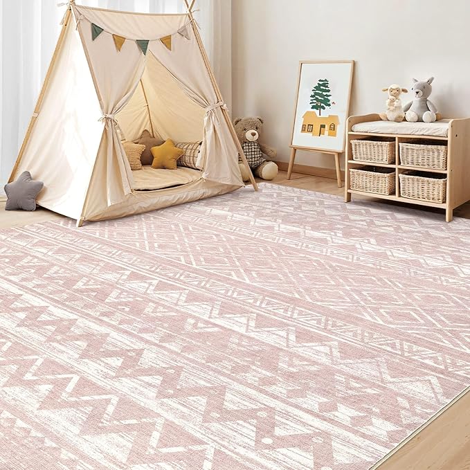 cotiled 5x8 Area Rug Living Room: Washable Boho Rugs with Non Slip Backing Large Soft Indoor Stain Resistant Carpet for Bedroom Farmhouse Dining Room Lightweight Home Decor Lotus Pink