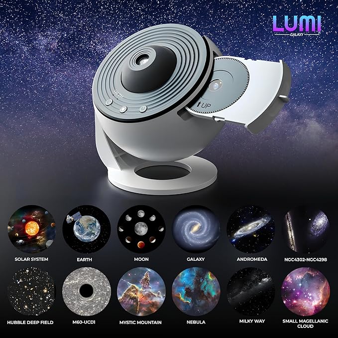 Lumi Galaxy Projector – Star Projector Galaxy Light with 12 HD Film Discs, 360° Rotating Planetarium Room Lights for Bedroom Ceiling, Night Lights for Kids, Northern Lights Projector