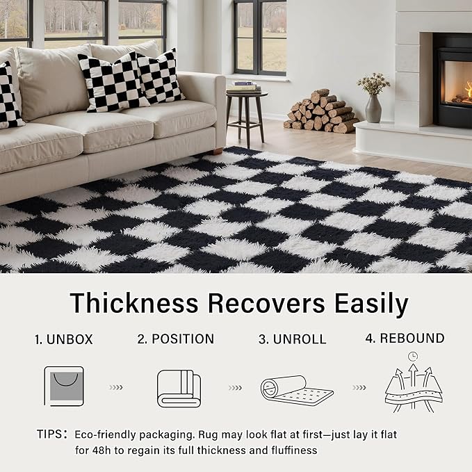 PureCozy Checkered Rug 6x9 for Living Room, Black and White Modern Shag Rugs Super Soft Washable Indoor Office Fuzzy Carpet Non-Slip Fluffy Rugs for Bedroom Home Aesthetic Decor