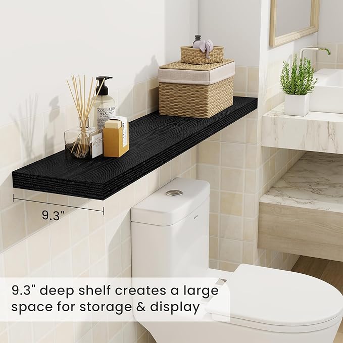 Fun Memories 48 Inch Black Floating Shelves, 9.3 Inch Deep Wall Shelves for Living Room|Bedroom|Kitchen, Rusitc Wall Mounted Bathroom Shelves 2 Pack, Heavy-Duty Deep Shelf for Books，Decor