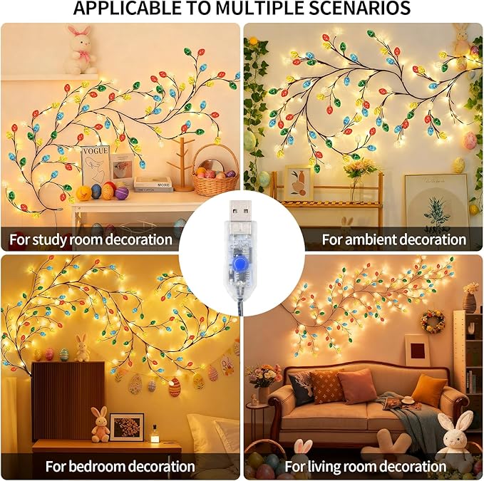 FNHMSL Easter Egg Enchanted Willow Vine Lights, 7.55FT 144LED 4 Color Easter Egg Tree Branch Lights for Wall, Remote Timer,8 Light Model,Bedroom Wall Doors Wedding, Christmas, USB Battery Box