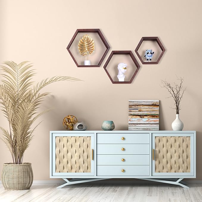 PHOENANCEE Hexagon Floating Shelves,Honeycomb Shelf Set of 3,Wood Farmhouse Hexagonal Decor Wall Storage for Living Room Bedroom Kitchen Office(Walnut)