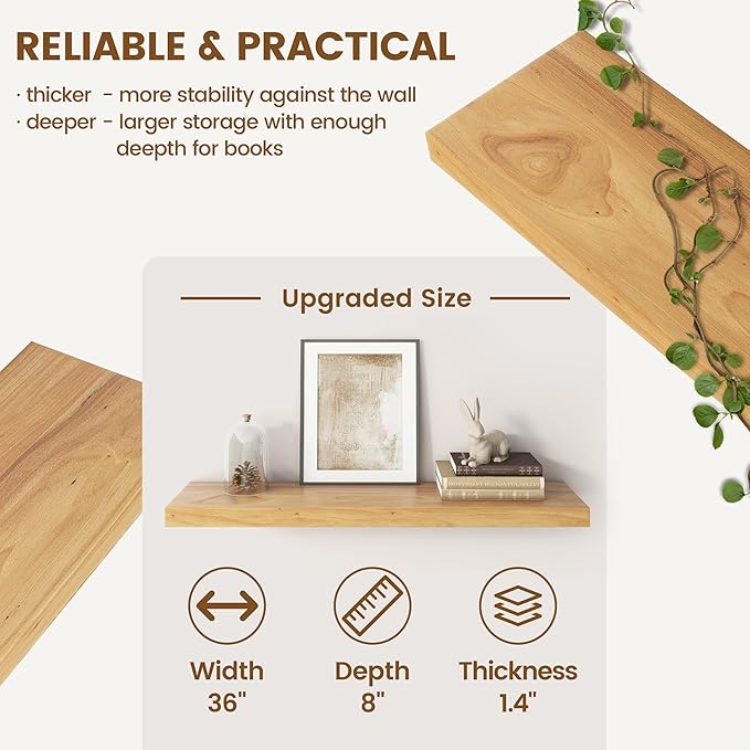 Venusmiles Elm Floating Shelves for Wall Decor, Rustic Solid Wood Shevles Wall Mounted with Invisible Bracket for Living Room Bathroom Bedroom Kitchen, 36 Inch Set of 2, Natural