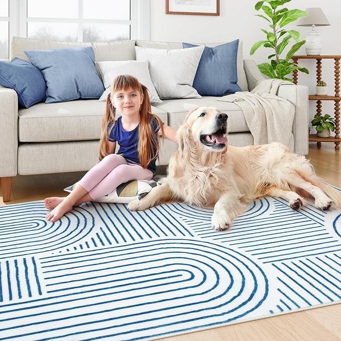 Lahome Abstract Washable Rugs, 4x6 Blue Rug for Bedroom Nursery Soft Non Slip Modern Living Room Rug, Ultra-Thin Non-Shedding Throw Carpet for Entryway Kitchen Office Darrell(4'x6',Blue/White)