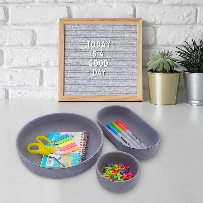 Welaxy EDC Cathall Desk Organizer felt bowls round stylish nightstand multi tray Entryway Bedside Caddy for Keys Phone Wallet Watch Glasses Pens minimalist living 3-Piece (Glacier gray)