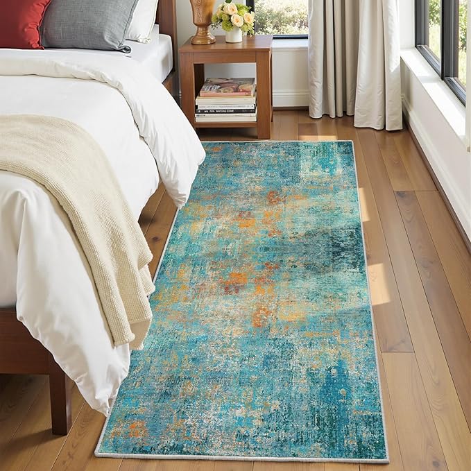 RELEANY Washable Area Rugs 2'x10' Non-Slip Modern Abstract Soft for Living Room Entryway Bedroom Nursery, Print Pattern, Teal Blue Green Orange Rust Red Coloreful