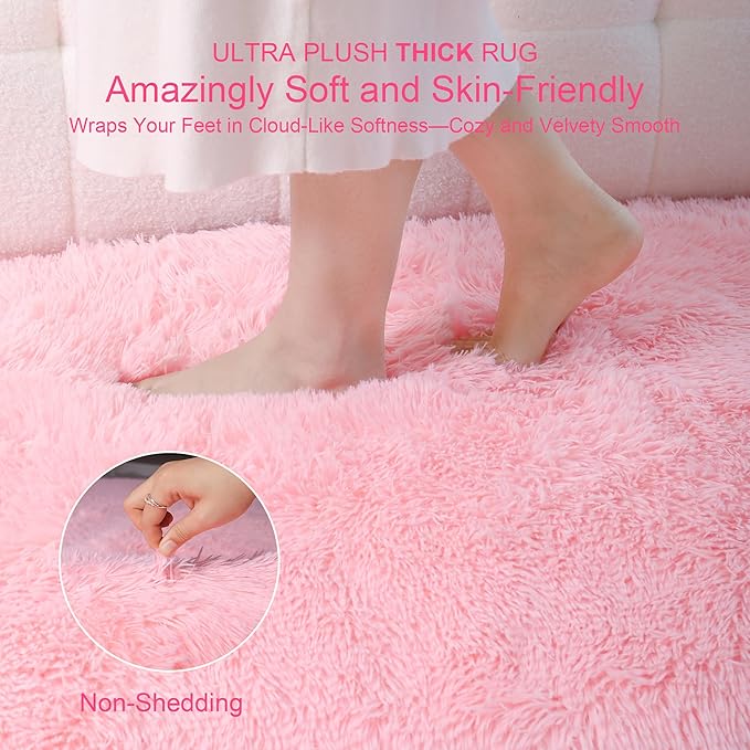 KICHOWUA Thick Area Rug Pink Fluffy Shag 3x5 for Girls Bedroom, Soft Cozy Fuzzy Plush Rug for Living Room, Machine Washable Shaggy Furry Pastel Carpet for Kids Toddler Boys Nursery Dorm Room