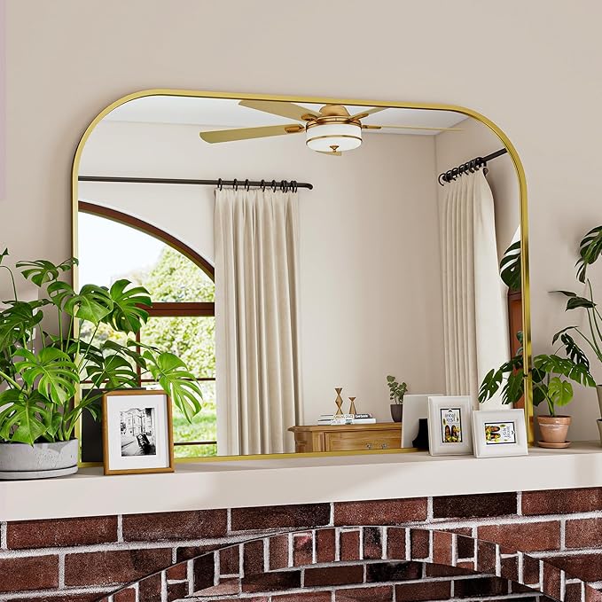 Gold Arched Top Wall Mounted Mirror - 38 x 30 Inch Round Cruved Top Bathroom Vanity Mirror, Aluminum Metal Framed, Home Decor for Living Room, Bedroom, Fireplace, Mantle, Entryway