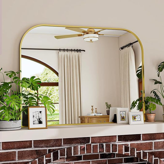 Gold Arched Top Wall Mounted Mirror - 38 x 30 Inch Round Cruved Top Bathroom Vanity Mirror, Aluminum Metal Framed, Home Decor for Living Room, Bedroom, Fireplace, Mantle, Entryway