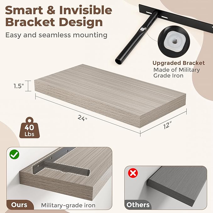 12 Inch Deep Floating Shelves for Wall, 24 x 12 Rustic Wood Grain Bathroom Shelves with Invisible Brackets, Easy Install Wood Storage Shelves for Kitchen, Living Room, Bedroom, Grey, Set of 2