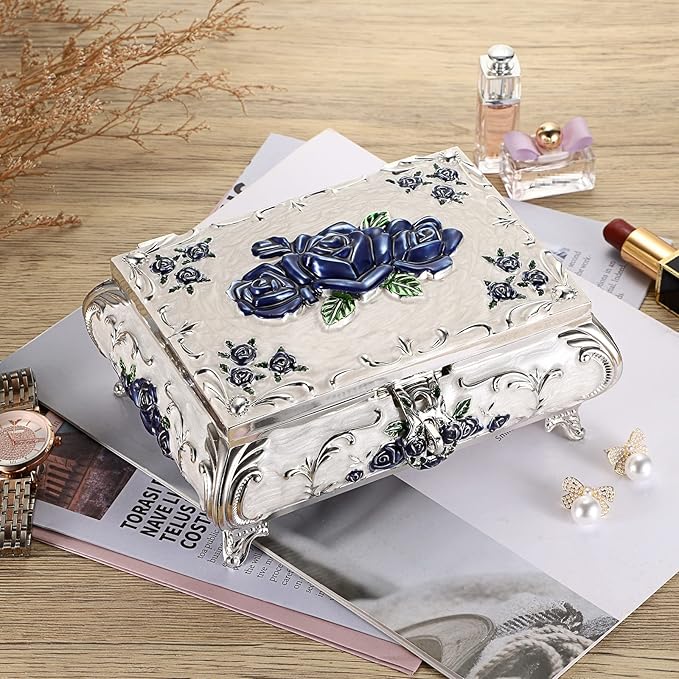 Hipiwe Metal Decorative Jewelry Box Vintage Treasure Chest Case Ornate Trinket Organizer Earrings Necklace Bracelet Storage Box Ring Holder Keepsake Box for Women