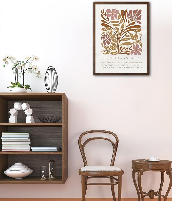EcoHest Bible Verse Floral Framed Wall Art, 12x16 in Walnut Color OAK Wood Abstract Flowers Canvas Wall Art, Ephesians 3:17 Home Decor, Beige Logs Boho Christ Set of 1 for Bedroom Living Room
