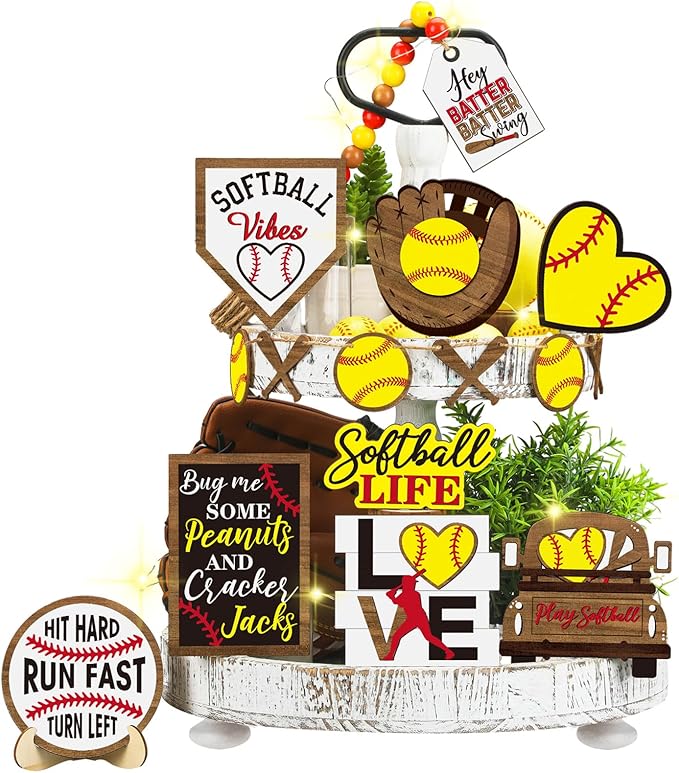 FairySandy 13 Pcs Softball Tiered Tray Decor Birthday Decorations Softball Wooden Table Decor Rustic Sport Game Sign for Fans Theme Supplies