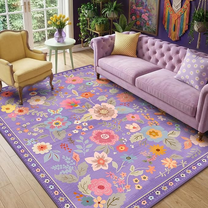 RELEANY Floral Nursery 5x7 Area Rugs Washable Print Boho Cute Carpet Non Slip Flower Low Pile for Living Room Kids Girls Playroom Bedroom Kitchen Office Farmhouse-Purple/Pink/Multi