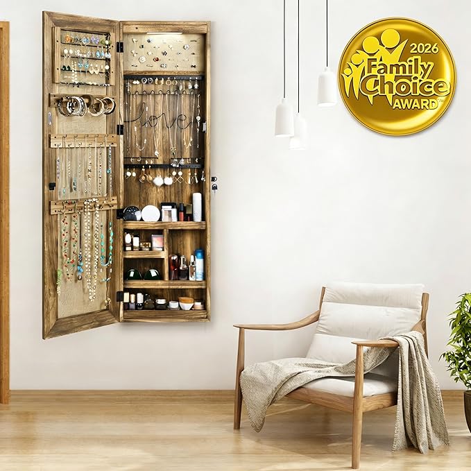 SRIWATANA Jewelry Armoire Cabinet, Solid Wood Jewelry Organizer with Full Length Mirror Wall/Door Mounted(Carbonized Black)
