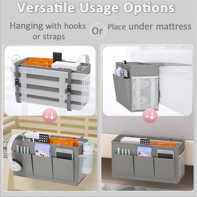 Edudif Dual-purpose Bedside Caddy Bedside Organizer, Bed Caddy with 6 Pockets, Versatile Bedside Storage Solution Magazine Remotes holder, ideal for Home, Dorm, Hospital, Crib Bed (Grey)
