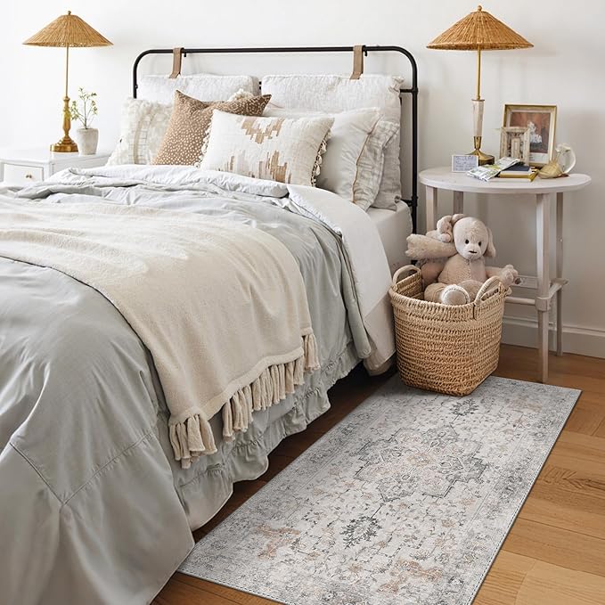 GENIMO 4x5 Area Rugs for Living Room, Machine Washable Rug, Non Slip Indoor Vintage Rug, Low Pile Lightweight Chenille Print Carpet for Bedroom Dining Room Home Office, Light Taupe Brown