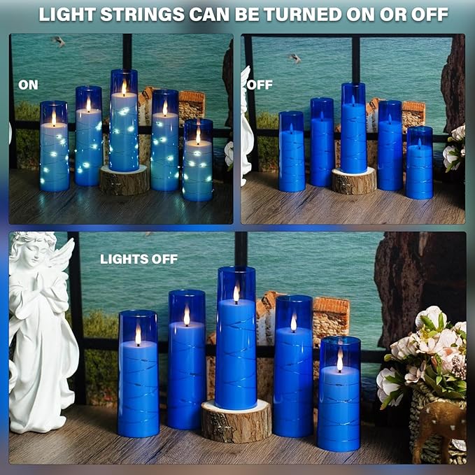 Nimiko Flickering Flameless LED Candles,Battery Operated Candles 9 Pcs with Embedded Star String,Acrylic LED Pillar Candles with Remote,Suitable for Home Decoration to Create an Atmosphere (Blue)