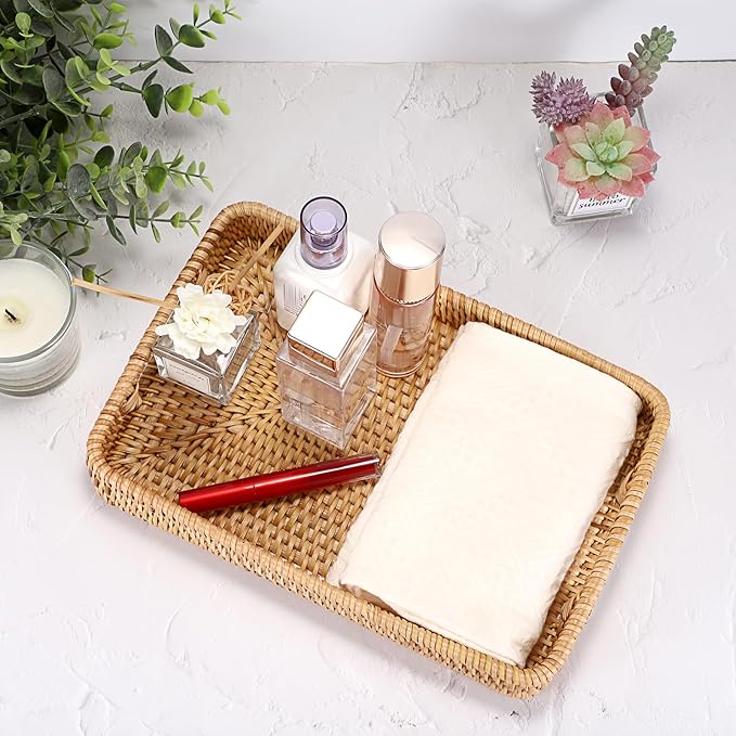 Hipiwe Rattan Serving Tray Hand Woven Tray with Handles Rattan Rectangular Basket Trays for Storage Breakfast Dessert Fruit Decorative Trays for Coffee Table, 11.8x7.9x1.8inch