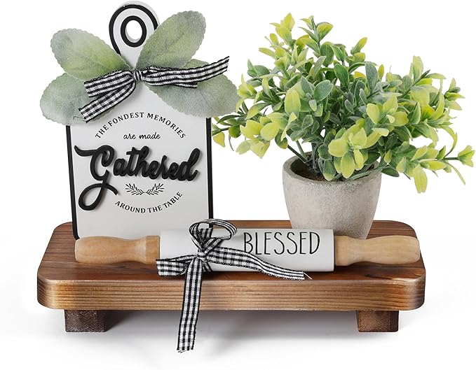Liswit Farmhouse Wood Tray Rustic Wooden Pedestal Decorative Wood Riser for Farmhouse Kitchen Counter Bathroom Room Decor (Dark Brown)