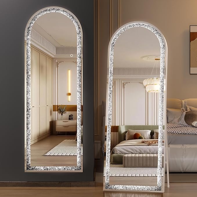 55"×20" Full-Length Mirror with Lights- Arch Crystal Crush Diamond Wall Mounted Hanging Diamond Mirror Leaning for Living Room Bedroom