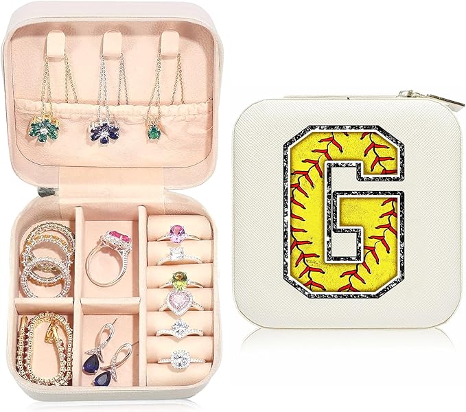 Softball Initial G Travel Jewelry Case,Valentine's Day Gift Softball Gifts for Teen Easter,Jewelry Box Personalized Softballs Accessories Letter Birthday Gifts for Players Coach Team Mom