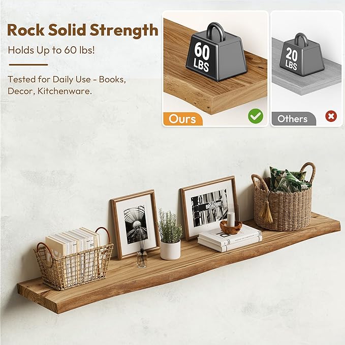 Vivelove Live Edge Floating Shelves Solid Wood, 48 Inch Set of 1, Elm Shelves for Wall with Invisible Bracket for Living Room Bedroom Bathroom Office Book, Rustic Farmhouse Wooden Shelf - Natural