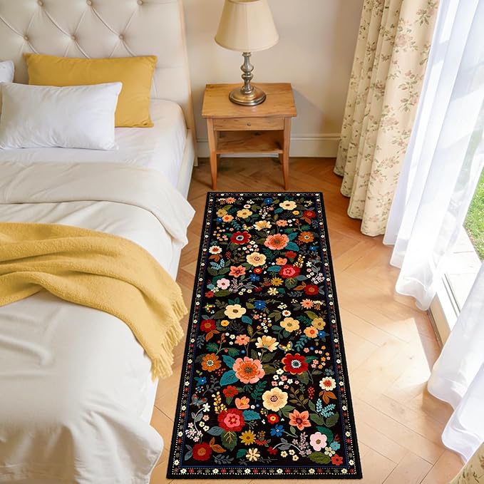 RELEANY Floral Nursery 2x5 Area Rugs Washable Print Boho Cute Carpet Non Slip Flower Low Pile for Living Room Kids Girls Playroom Bedroom Kitchen Office Farmhouse-Black